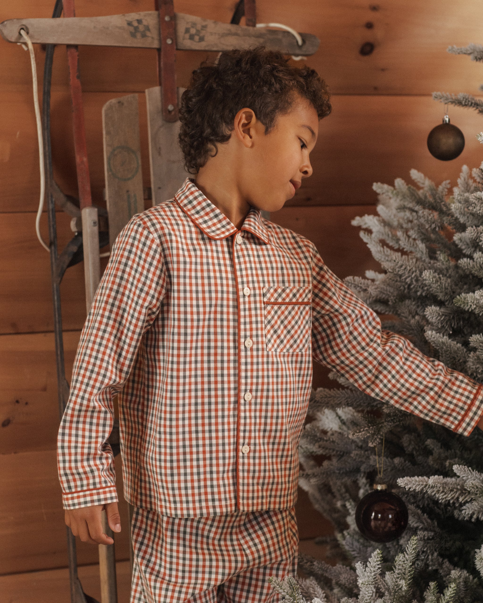 Model detail lifestyle portrait Rylee + Cru Long Sleeve Pajamas | Holiday Gingham