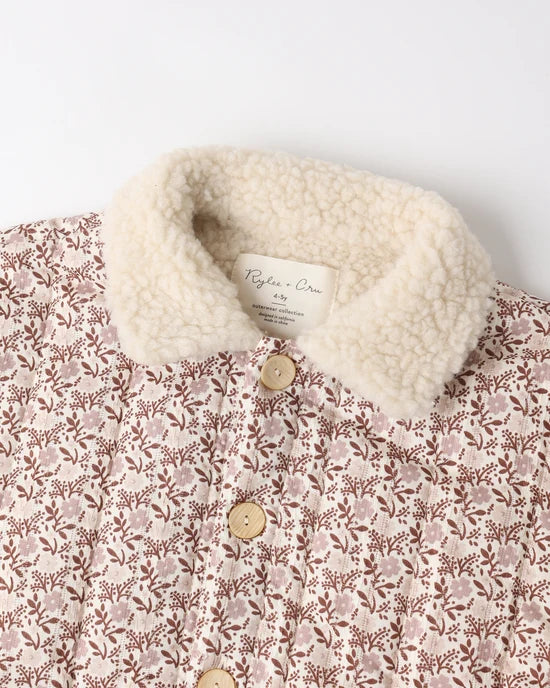 Close-up details of the print and collar on the Rylee + Cru Quilted Chore Coat in Primrose