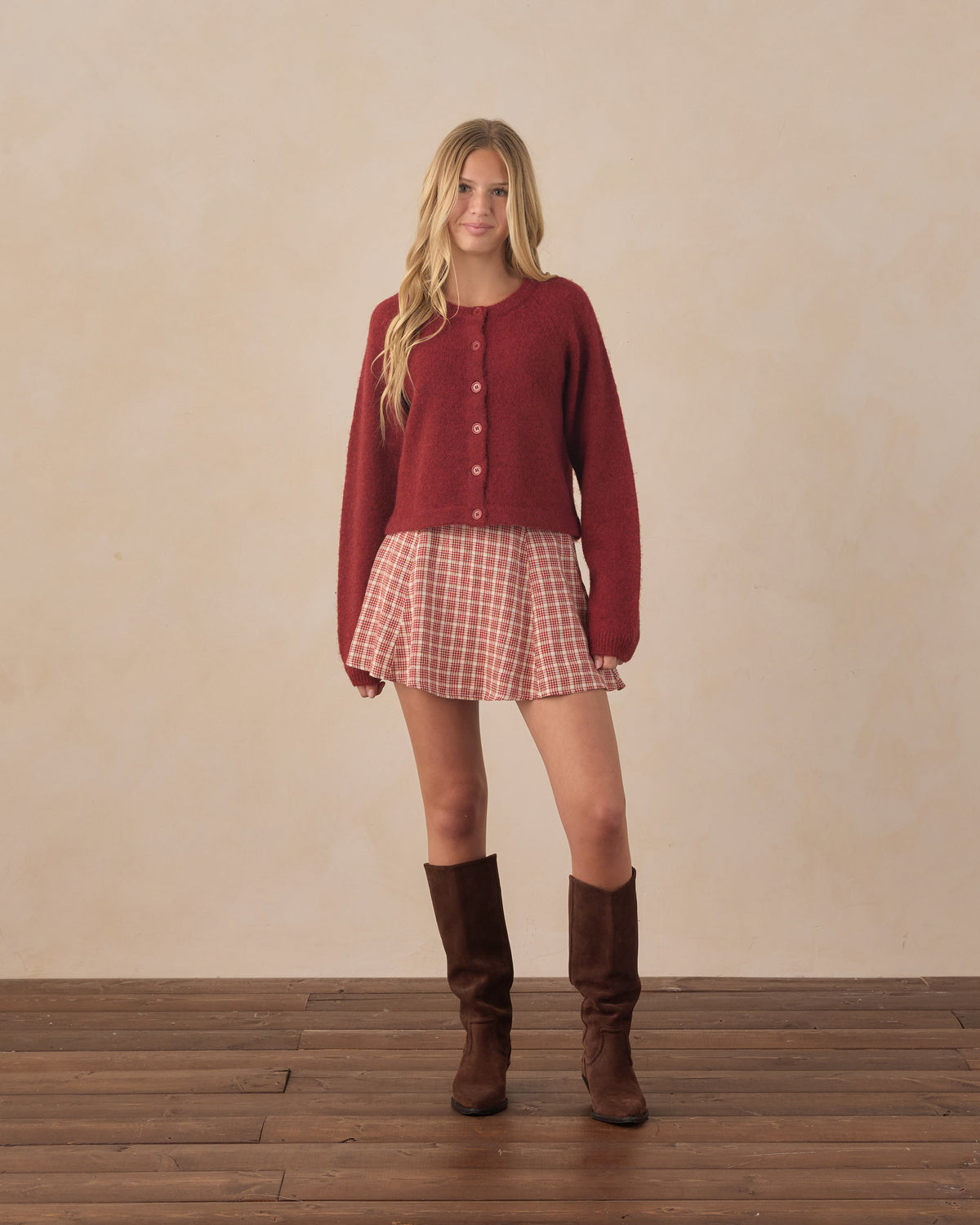 Rylee + Cru Teen Rachel Skirt | Vintage Plaid and Teen Fuzzy Cardigan | Ruby Teen