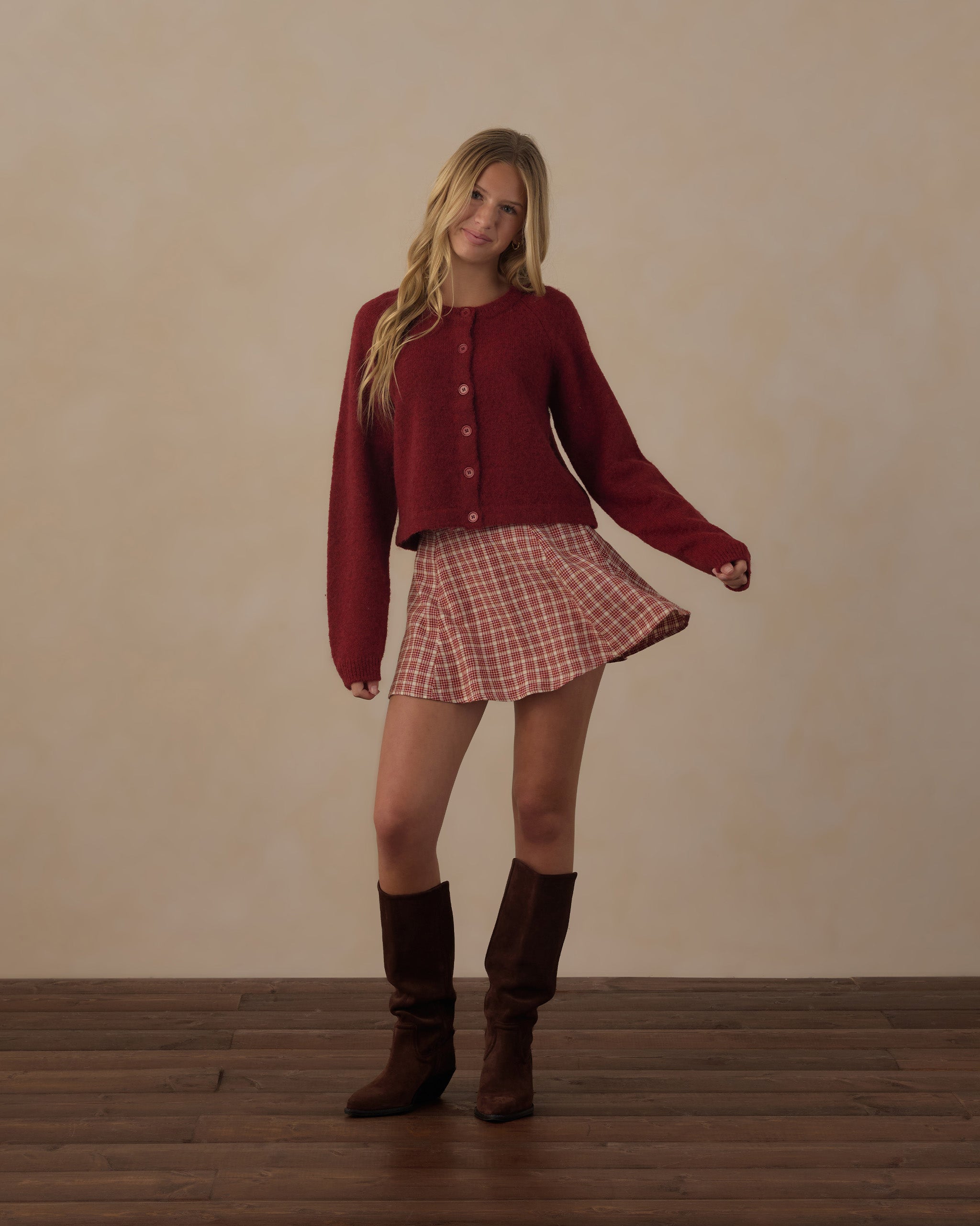 Rylee + Cru Teen Rachel Skirt | Vintage Plaid and Teen Fuzzy Cardigan | Ruby teen model