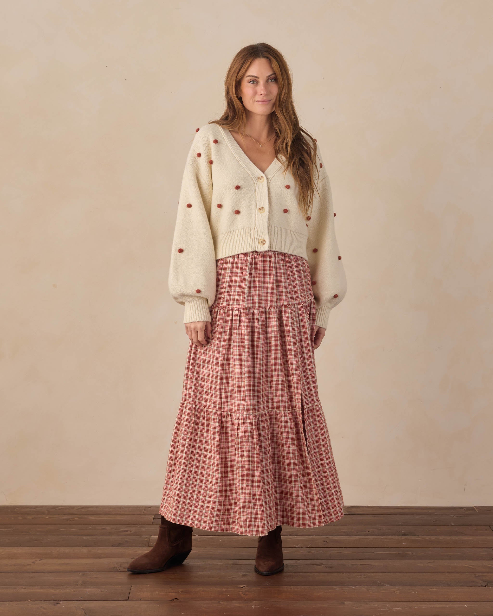 Ryle + Cru Women's Tiered Midi Skirt | Vintage Plaid and Rylee + Cru Women's Boxy Crop Cardigan | Ruby Bobble