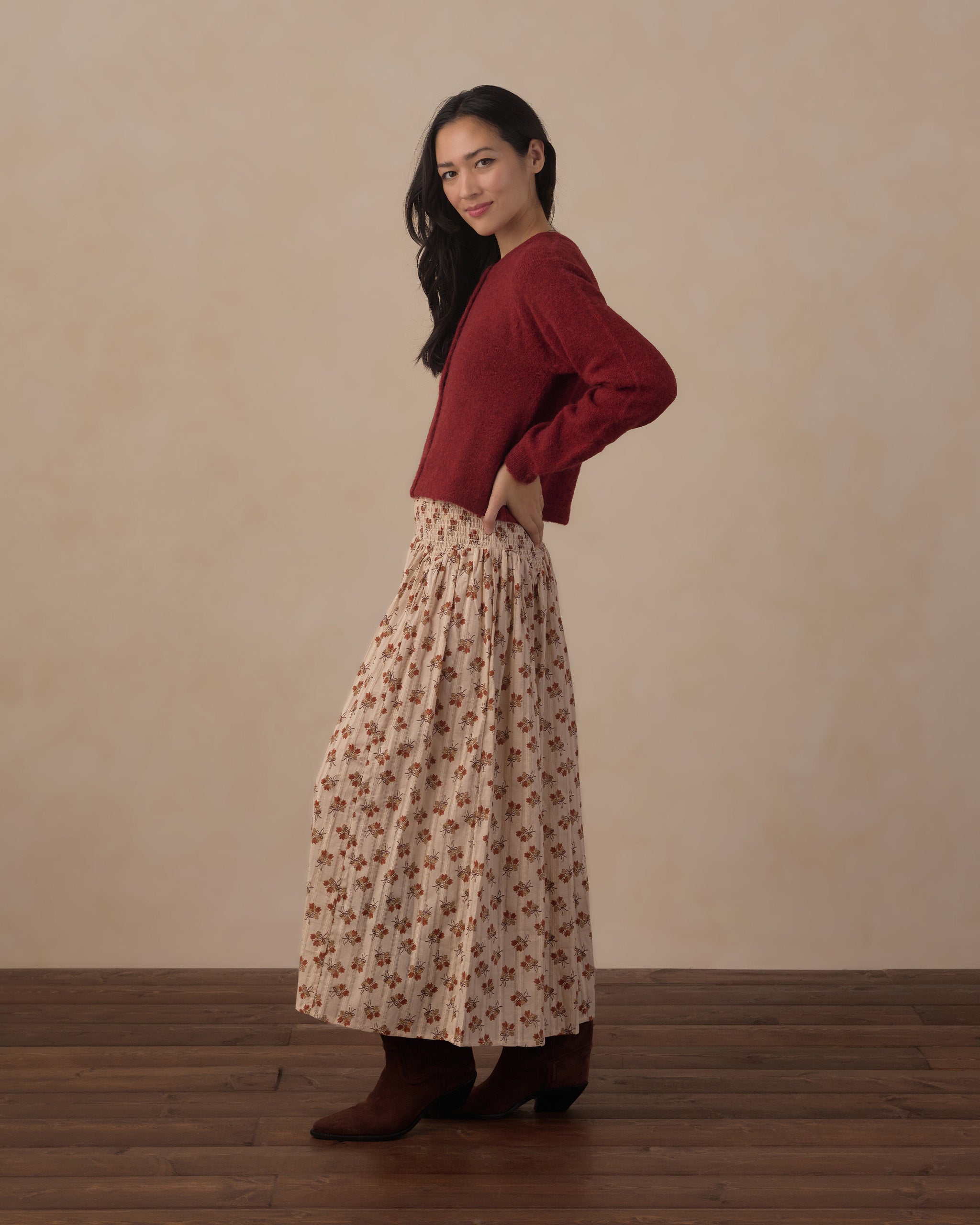 Rylee + Cru Women's Fuzzy Cardigan | Ruby and Rylee + Cru Women Jen Skirt Bouqet side model view