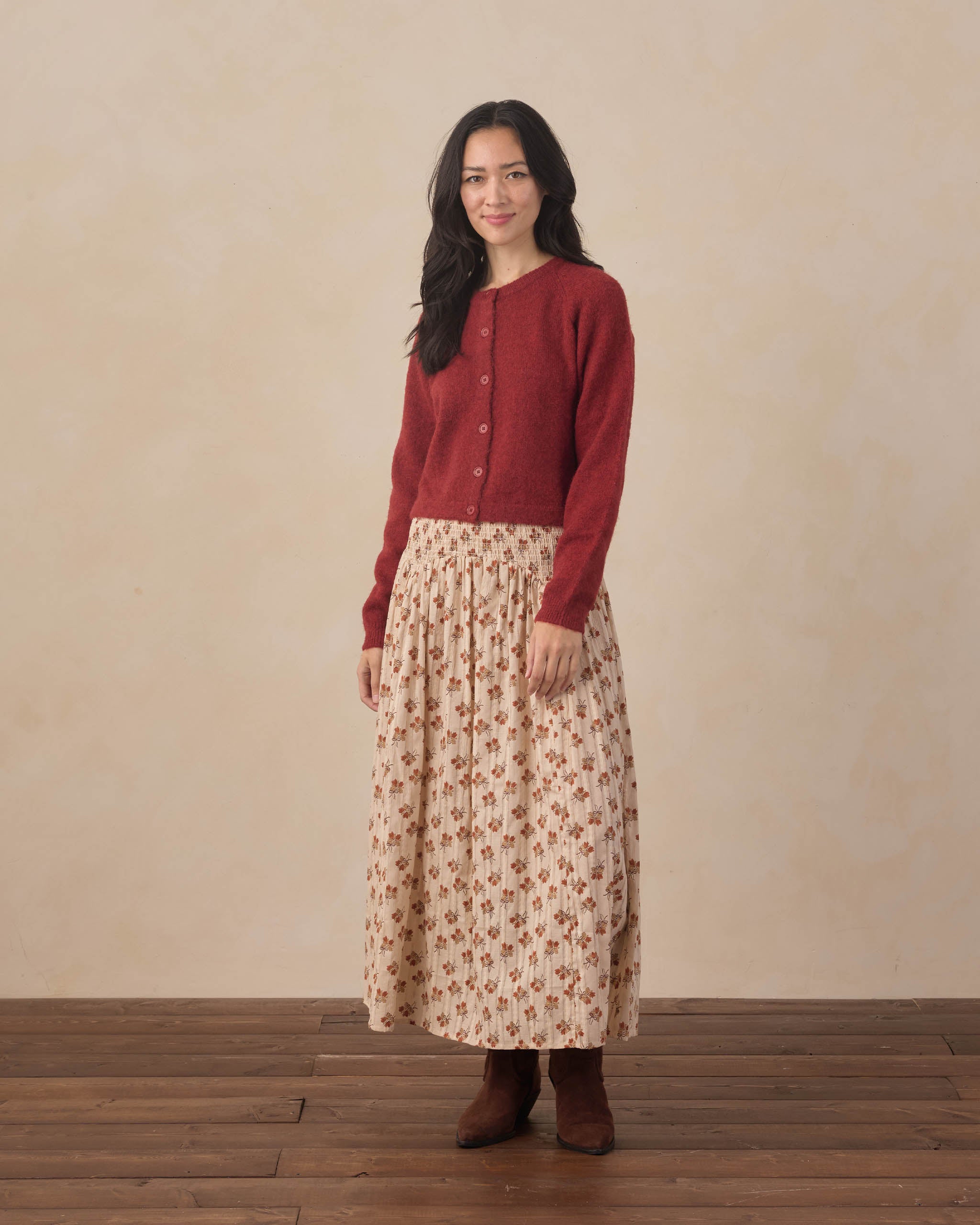Rylee + Cru Women's Fuzzy Cardigan | Ruby full model and Rylee + Cru Women's Jen Skirt | Bouqet