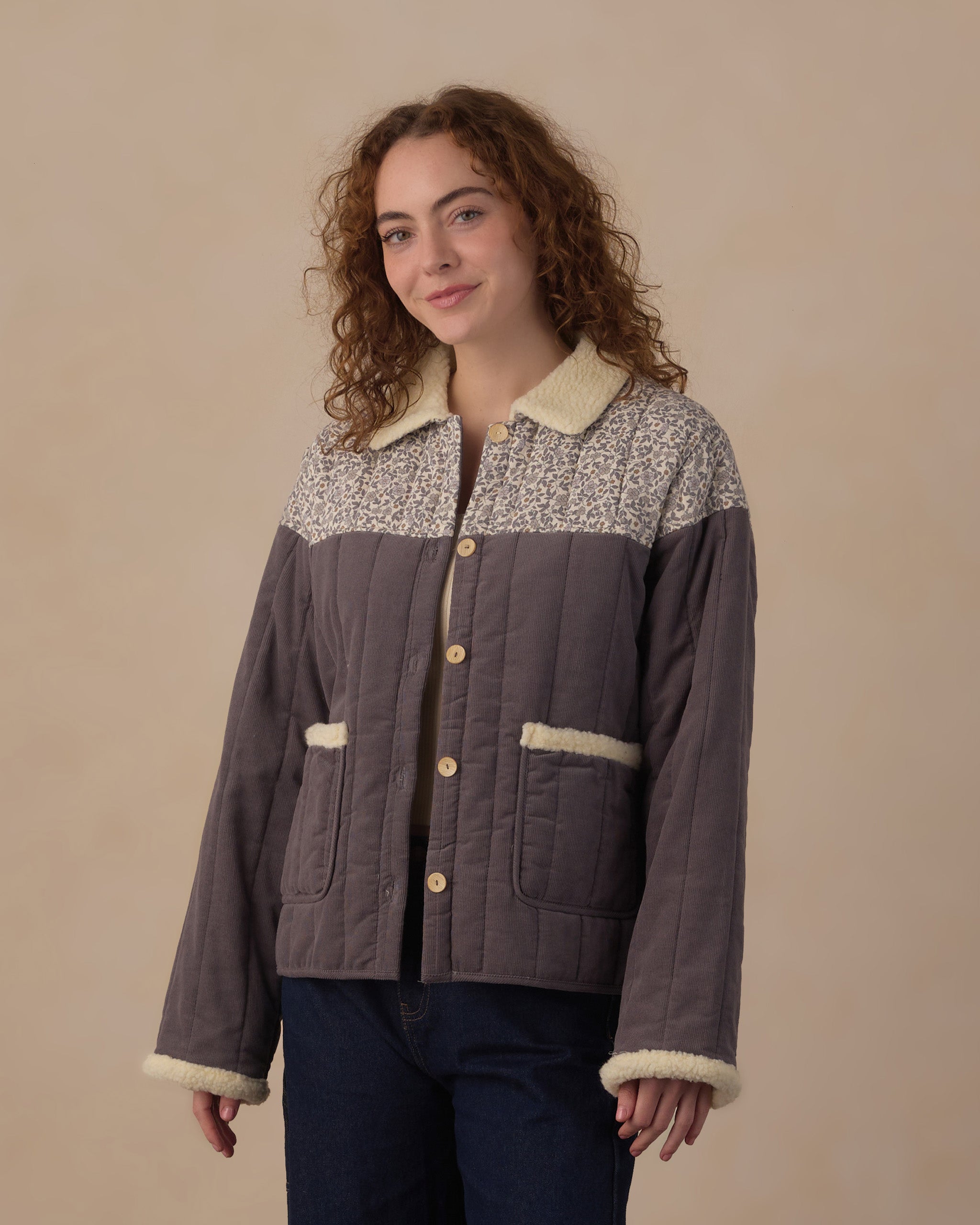 Rylee + Cru Women's Quilted Collar Jacket | Slate Floral close up model