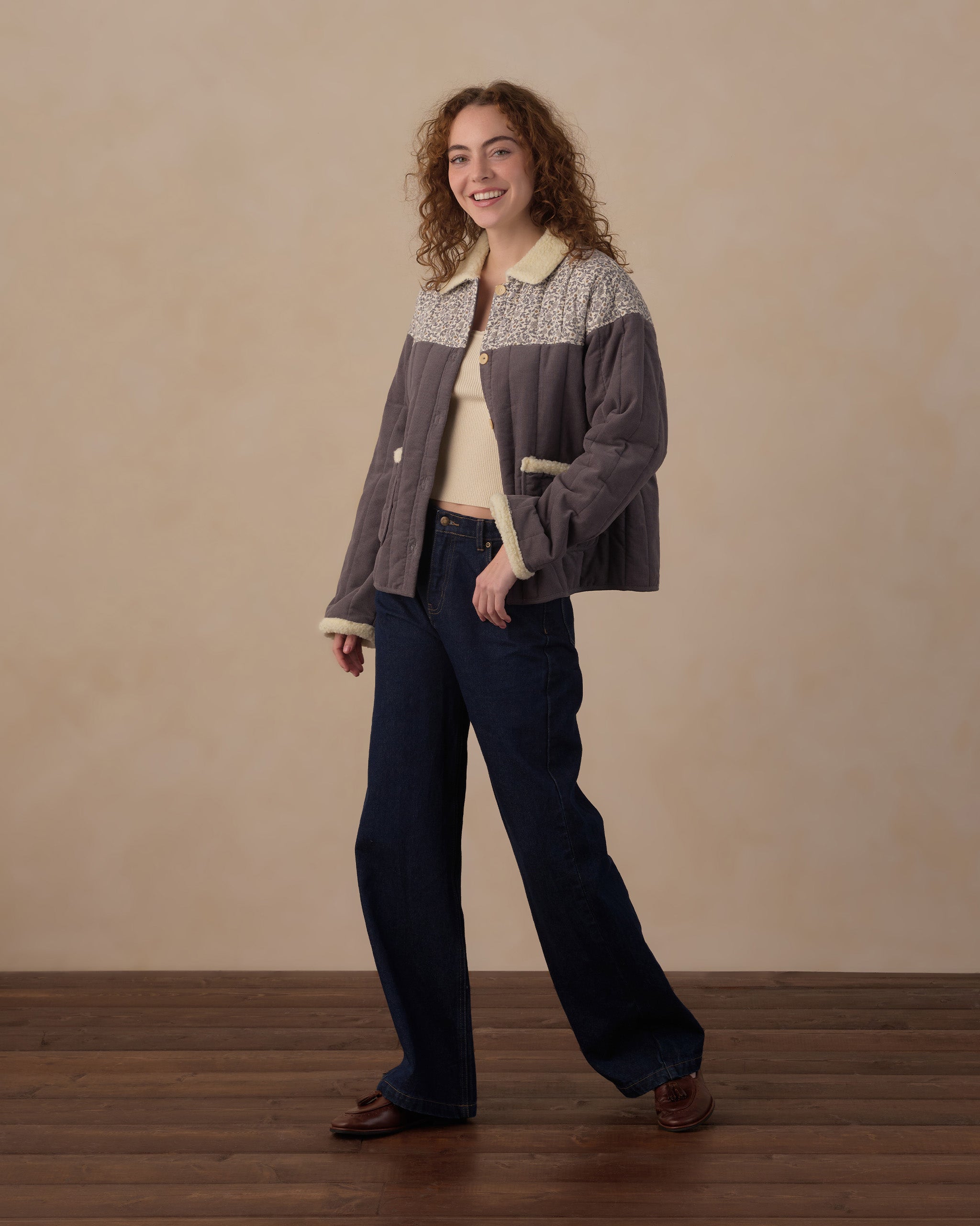 full length model wearing Rylee + Cru Women's Quilted Collar Jacket | Slate Floral