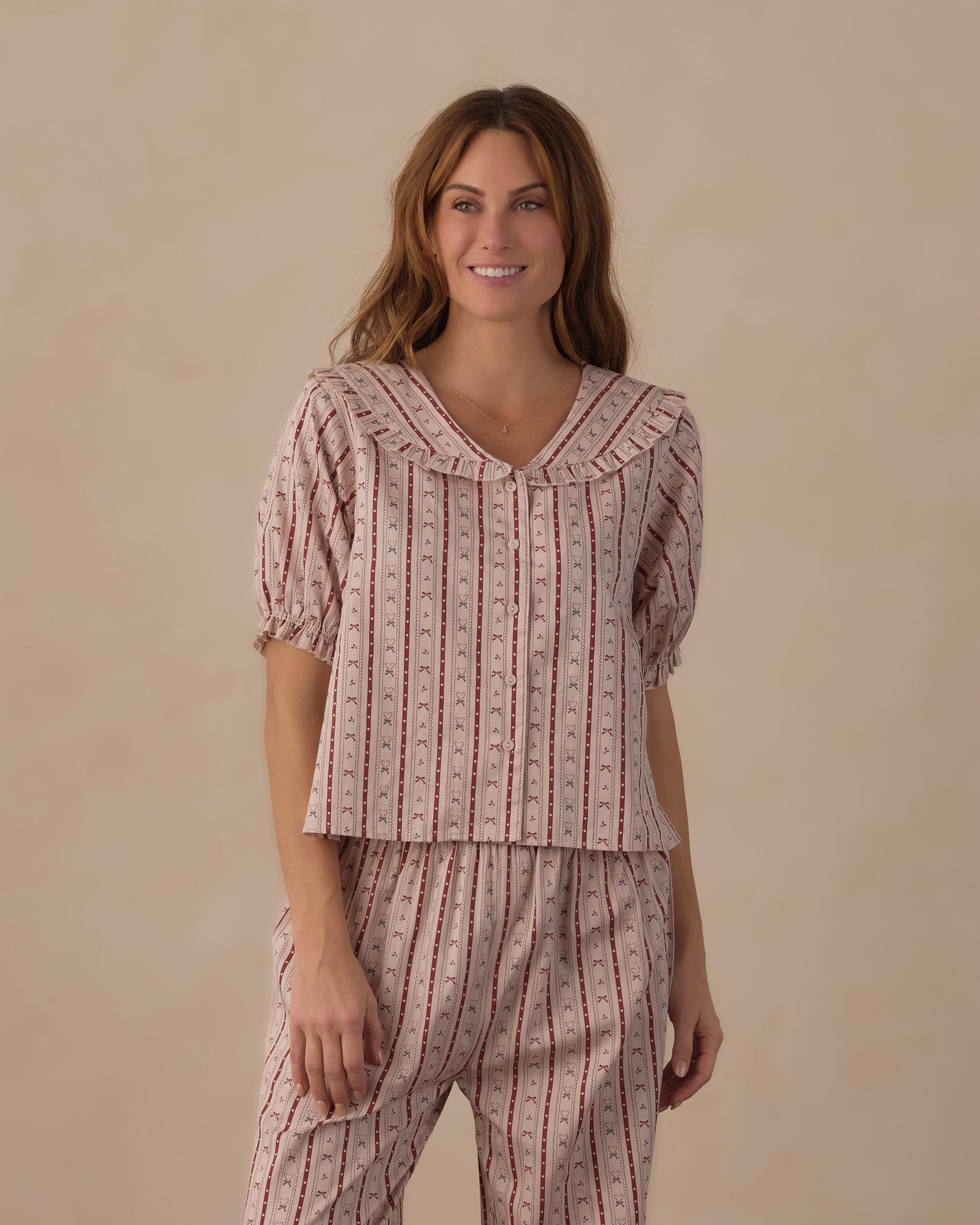 Model Portrait Rylee + Cru Women's Ruffle Pajamas | Candy Cane Lane