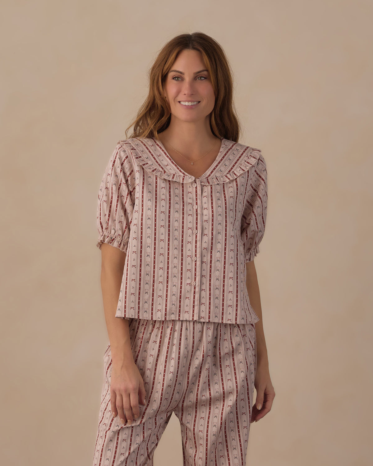 Model Portrait Rylee + Cru Women's Ruffle Pajamas | Candy Cane Lane