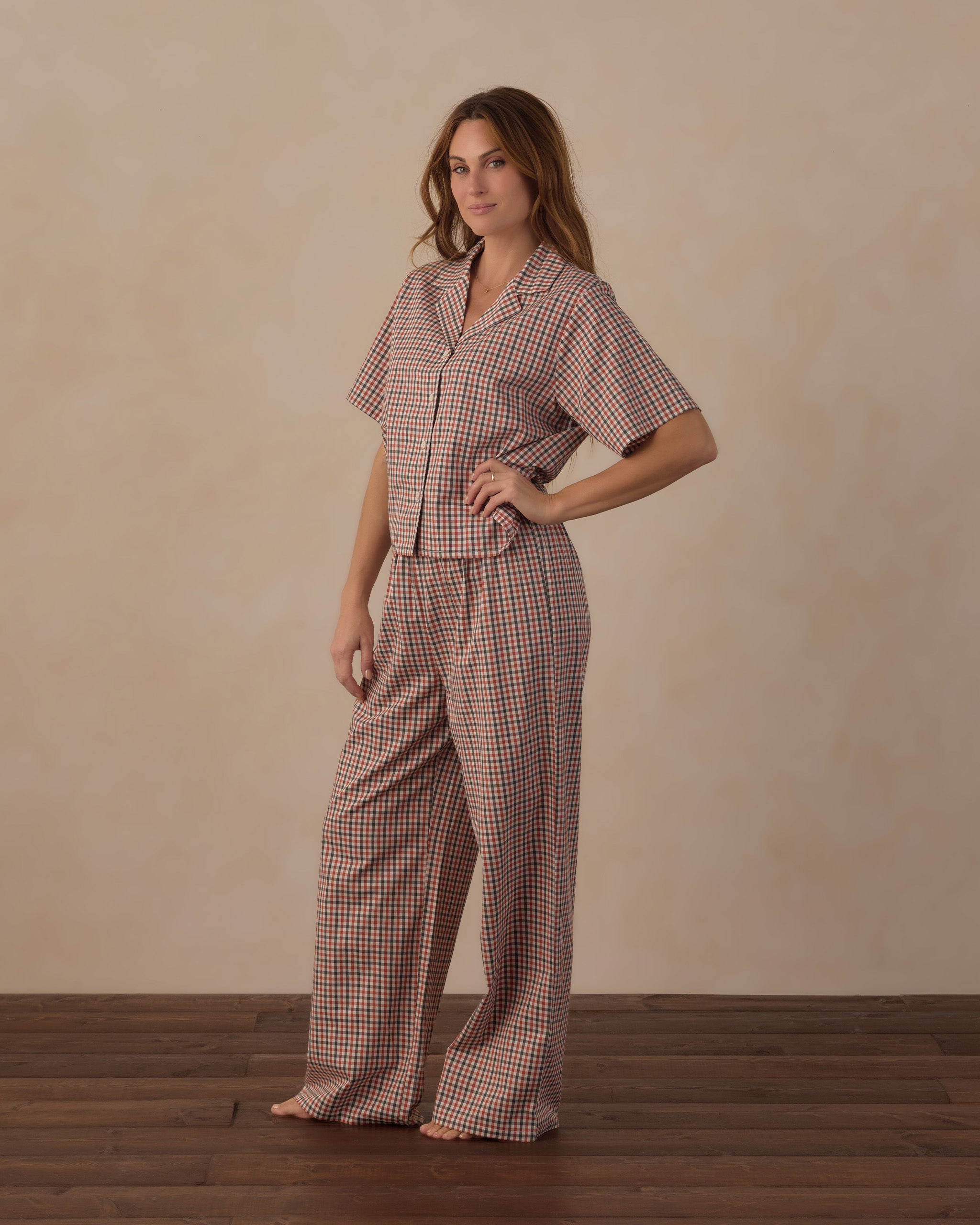 Rylee + Cru Women's Woven Pajama Set | Holiday Gingham full length model picture