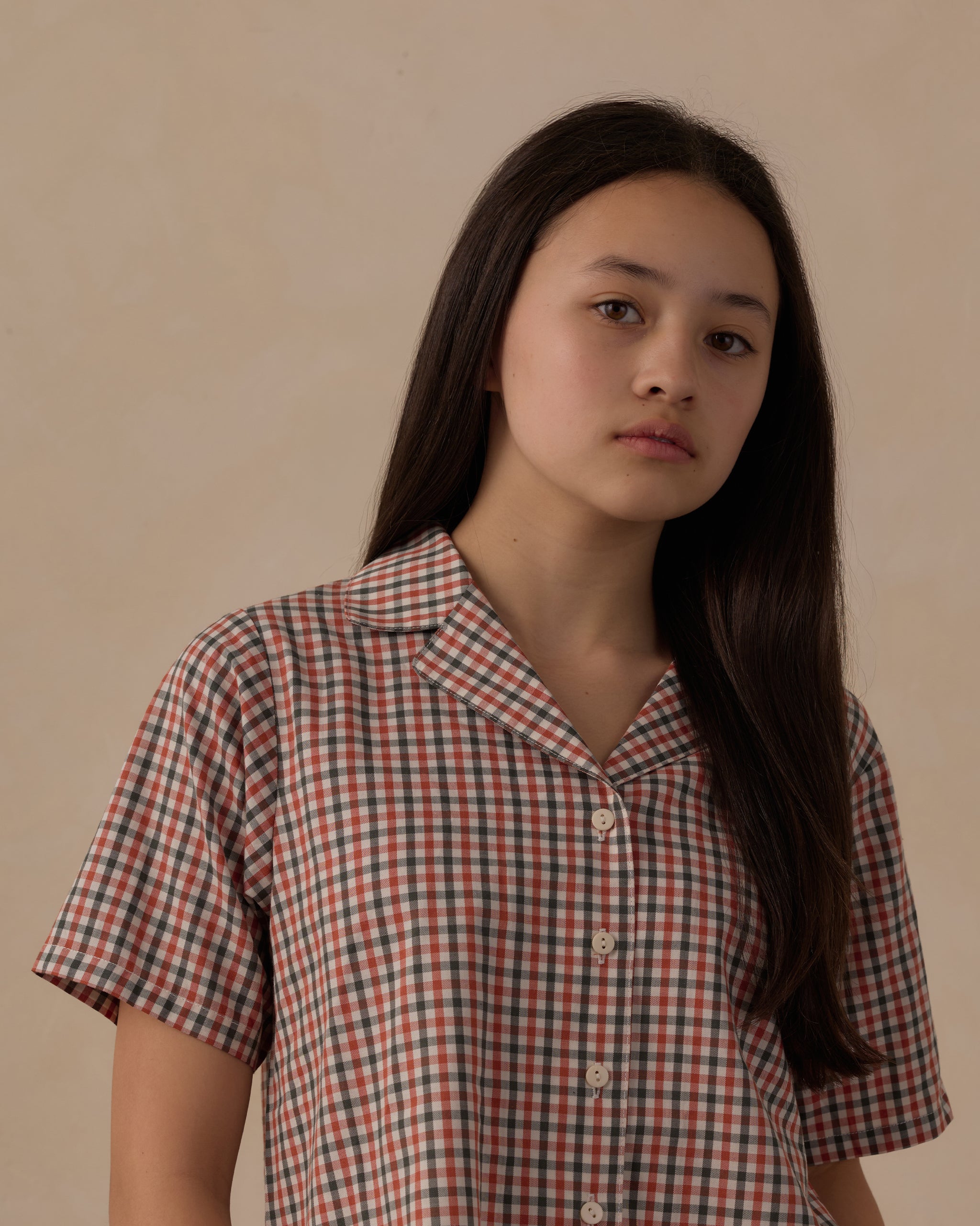 Teen Woven Pajama Set | Holiday Gingham close model