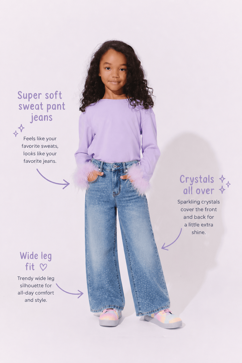 Lola and the Boys Sparkle Sweatpant Jeans model photo with text details, product key features, and benefits