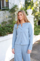 Thread & Supply Ellery Pajama Set | Blue Stripe model portrait