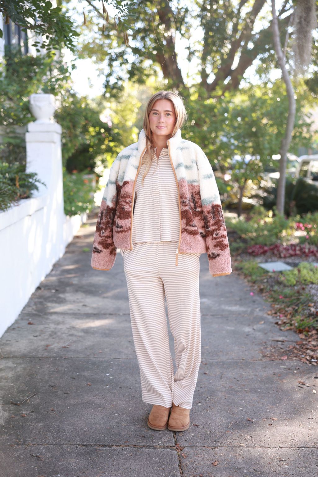 full length lifestyle model photo in Thread and Supply Ellery Pajama Set in Cream Taupe Stripe
