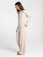 Thread & Supply Ellery Pajama Set in Cream Taupe Stripe full length model photo