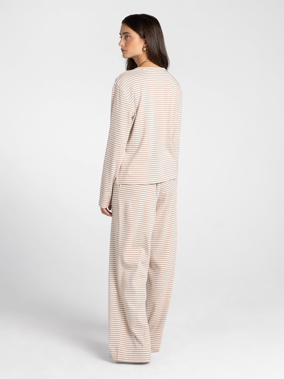 Back side of Thread & Supply Ellery Pajama Set in Cream Taupe Stripe model photo