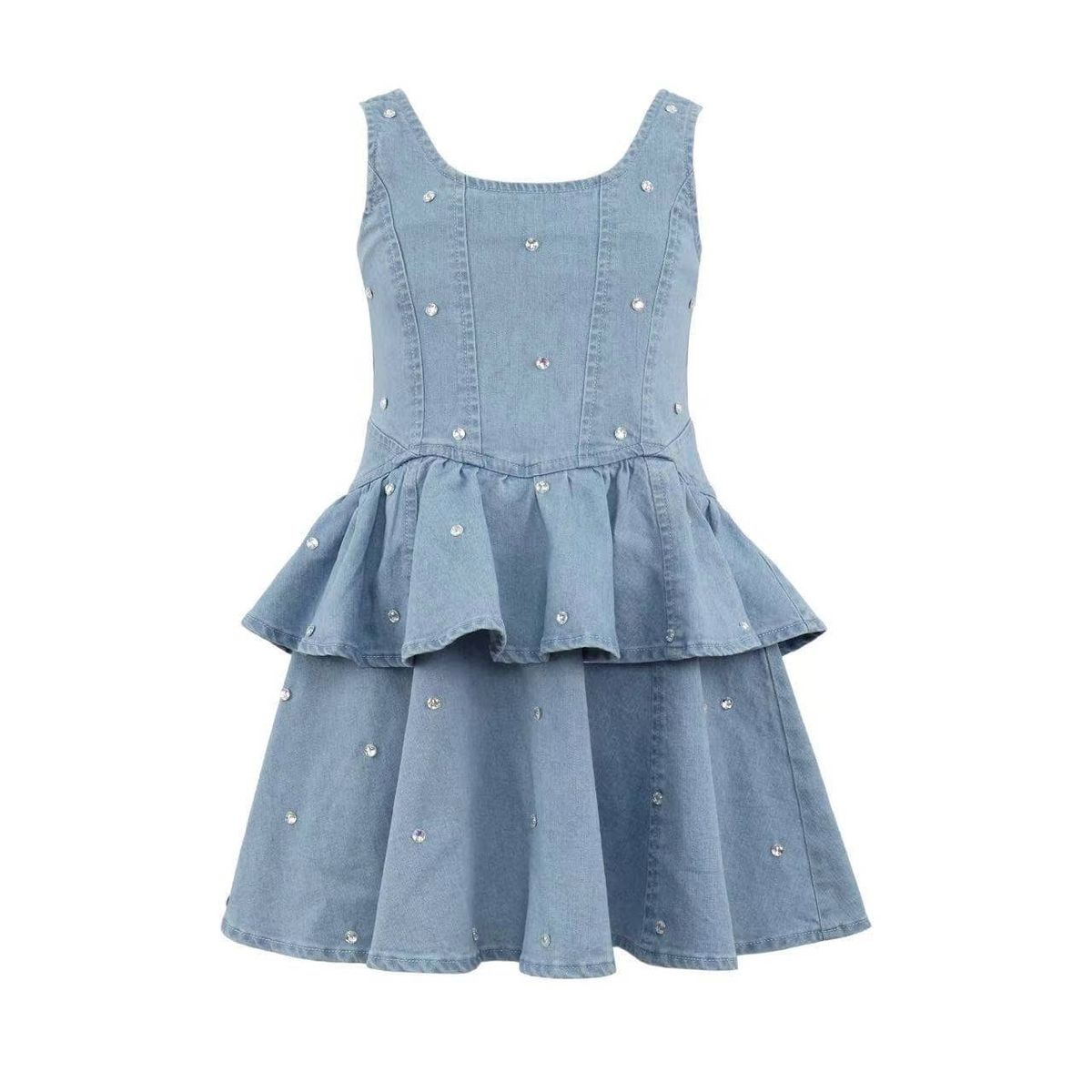 A sleeveless light blue denim dress for toddlers, featuring a tiered ruffle skirt and small silver rhinestone embellishments, shown against a plain white background.