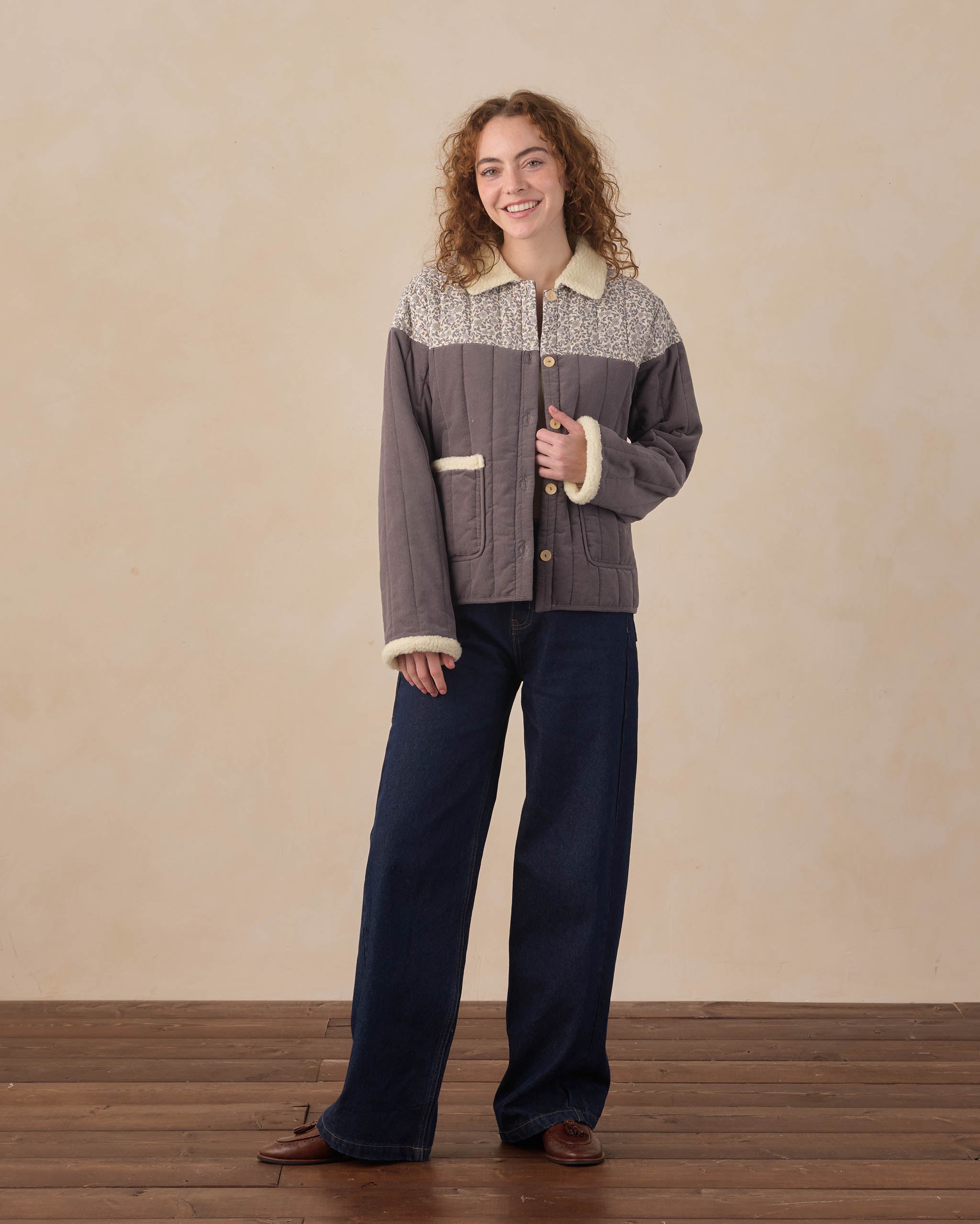 Women's Quilted Collar Jacket | Slate Floral front Rylee + Cru