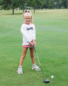 Youth Caddie Logo Mockneck Pullover Sweatshirt lifestyle model photo