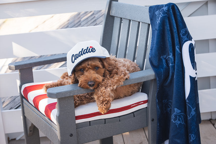 Model lifestyle photo of Youth Solid Bill Hat in White & Navy by Caddie