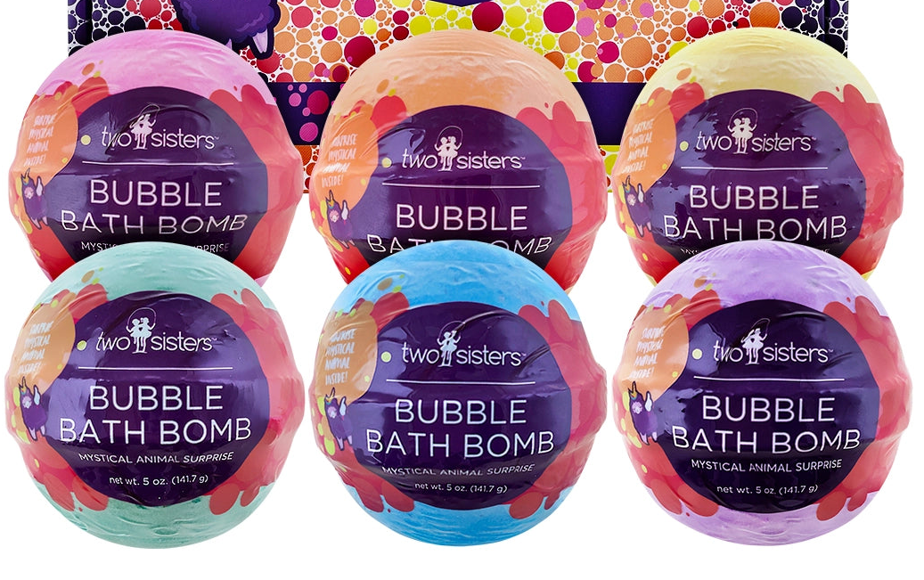 Two Sisters bubble bath bombs with animal-shaped packaging on a white background
