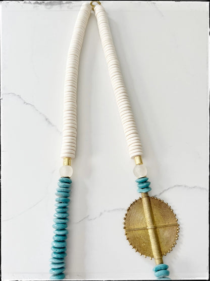 Wood & Bone Bead Statement Necklace I Turquoise