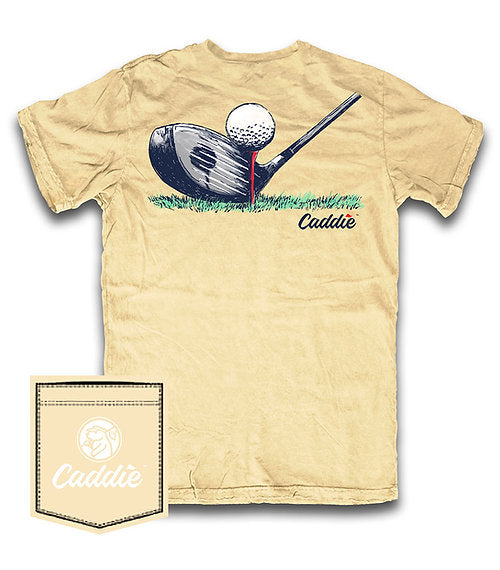Flat lay of back of Caddie "Lined Up" Tee | Yellow