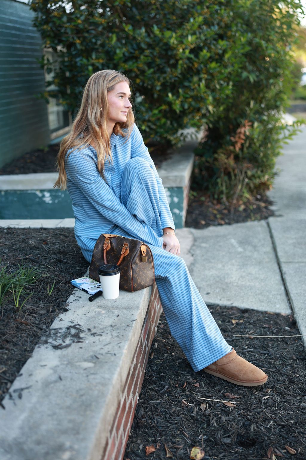 Thread & Supply Ellery Pajama Set | Blue Stripe side full length sitting model photo