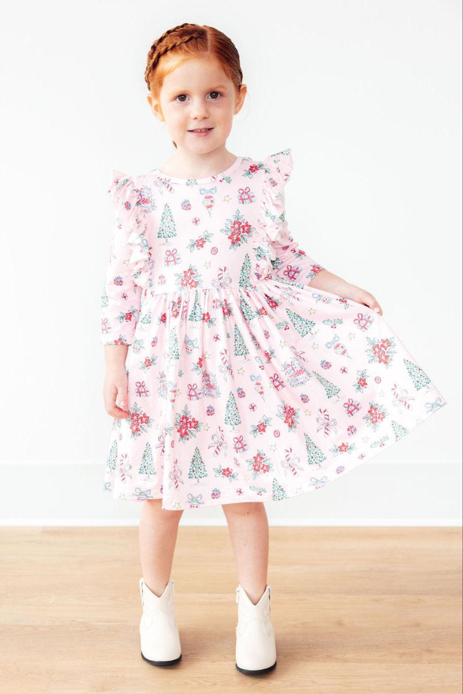 Pink Christmas 3/4 Sleeve Ruffle Twirl Dress 3T Pink Christmas 3/4 Sleeve Ruffle Twirl Dress 3T