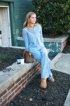 full length lifestyle model photo Thread & Supply Ellery Pajama Set | Blue Stripe