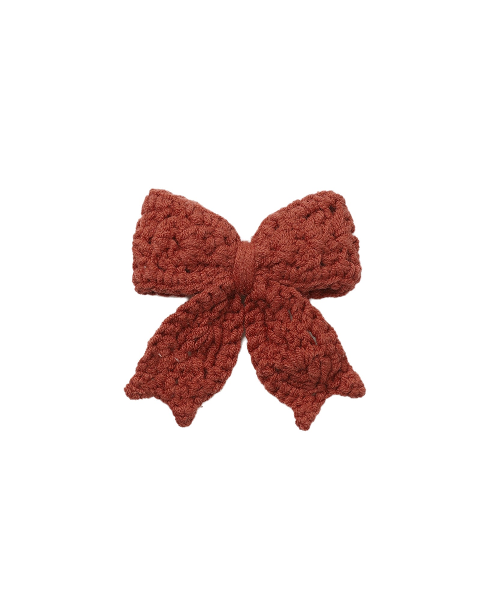 Quincy Mae Baby Crochet Bow in Redwood flat lay