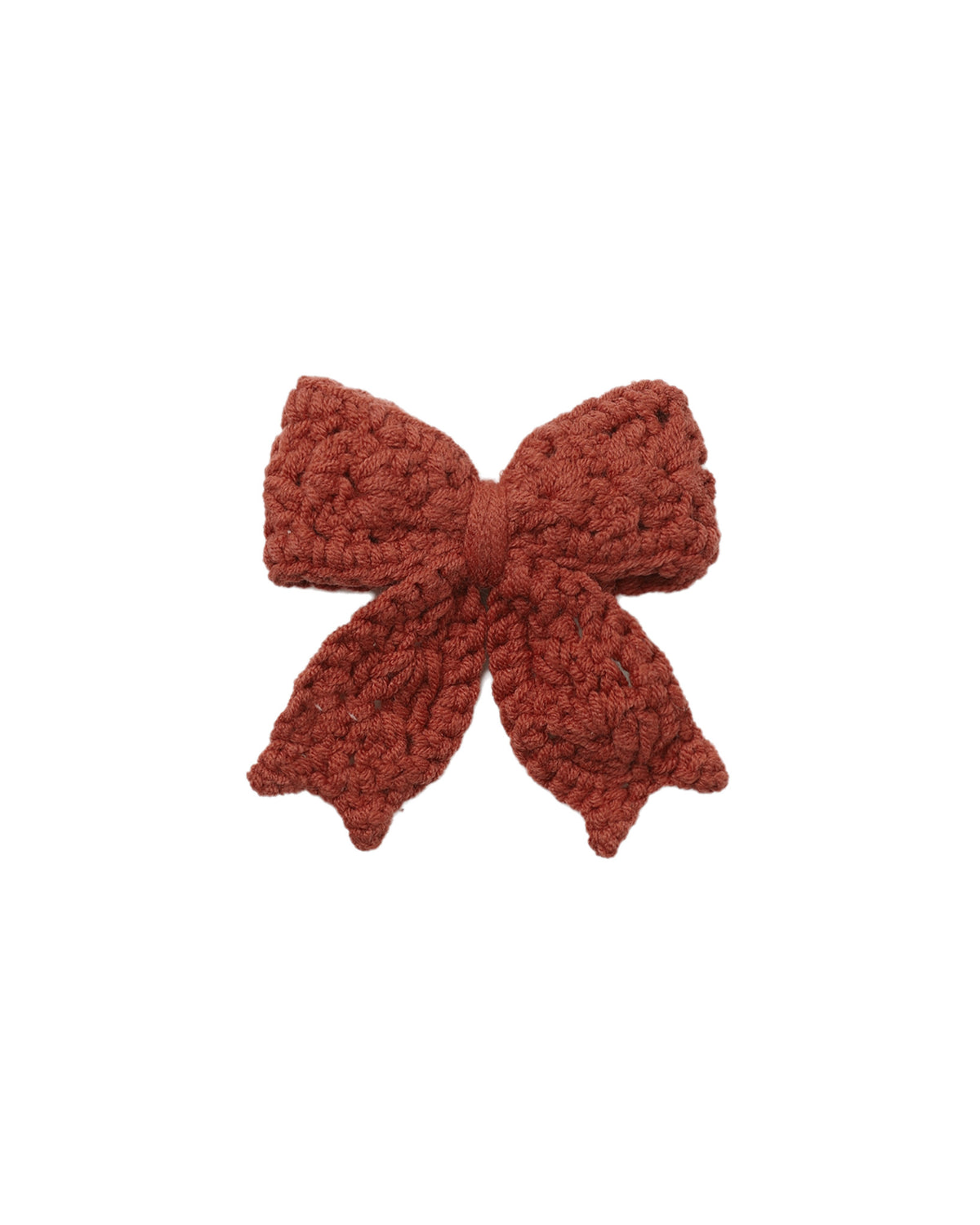 Quincy Mae Baby Crochet Bow in Redwood flat lay