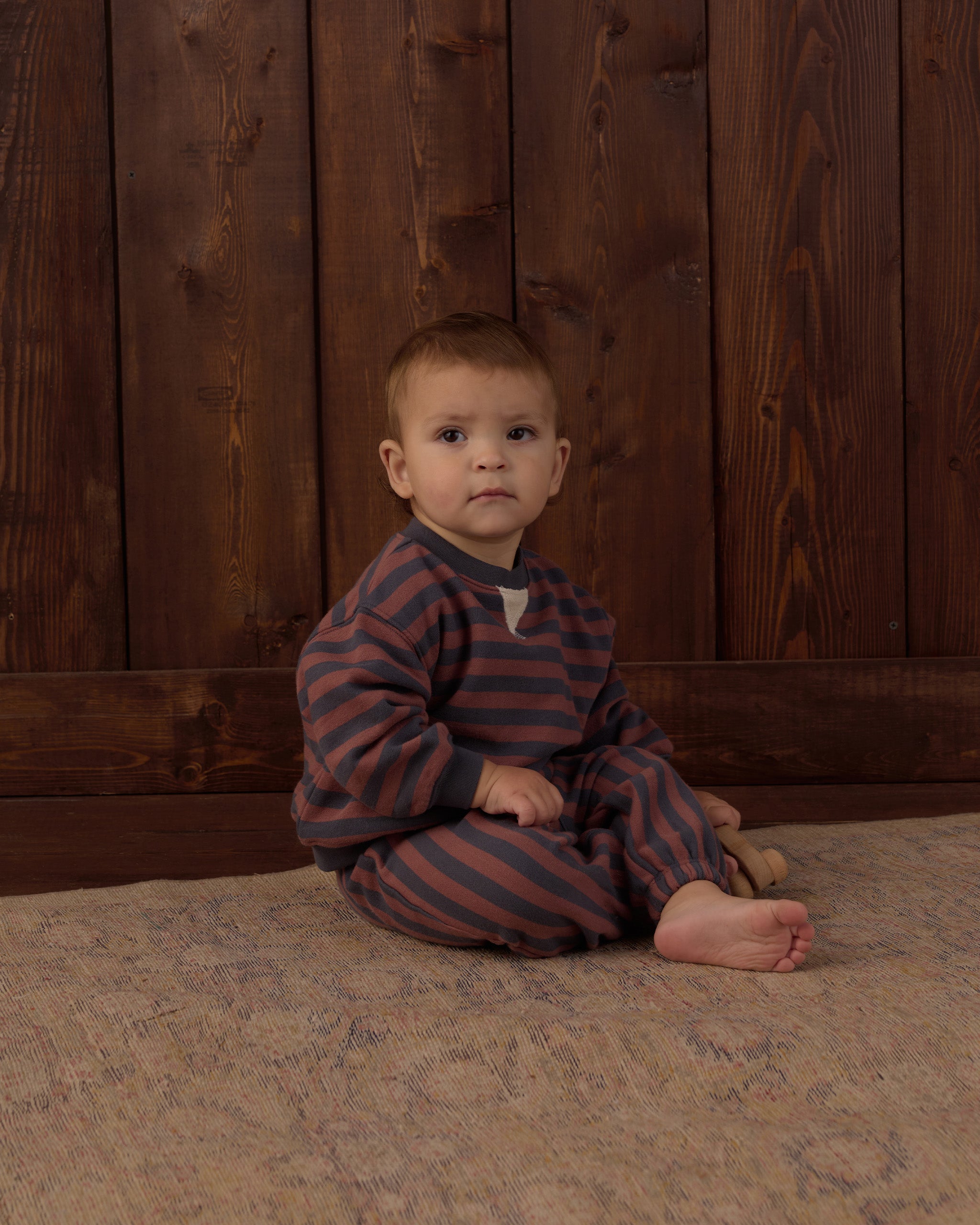 baby wearing the Rylee + Cru Oversized Crew | Mulberry Stripe