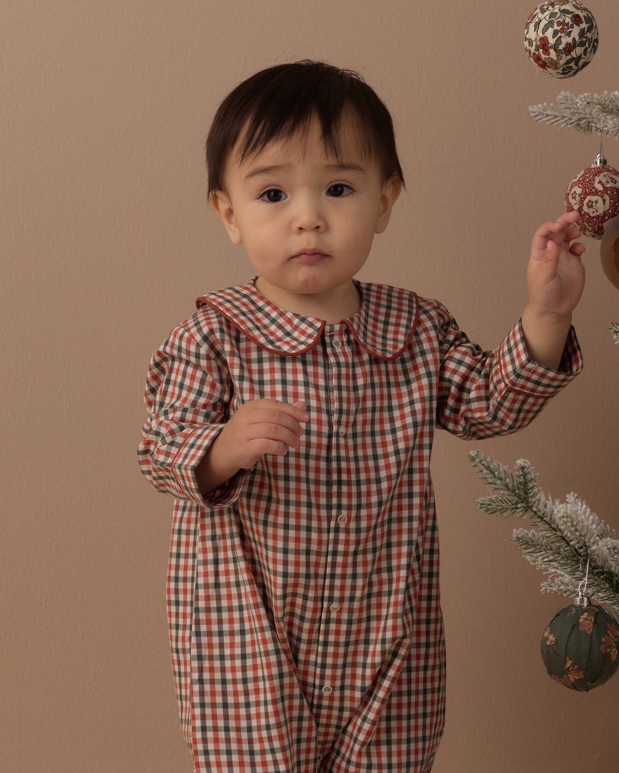 Rylee + Cru Baby Pajama Romper | Holiday Gingham model portrait details