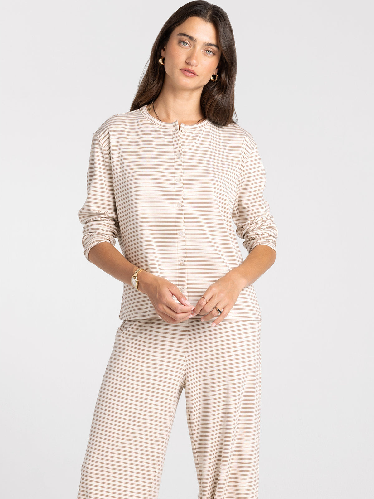 Thread & Supply Ellery Pajama Set in Cream Taupe Stripe studio model portrait