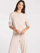 Thread & Supply Ellery Pajama Set in Cream Taupe Stripe studio model portrait