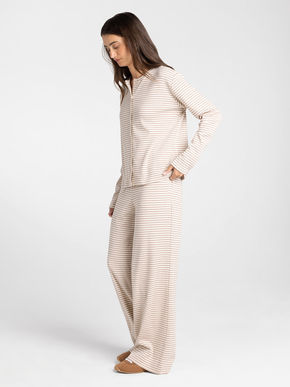 Thread & Supply Ellery Pajama Set in Cream Taupe Stripe full length model photo