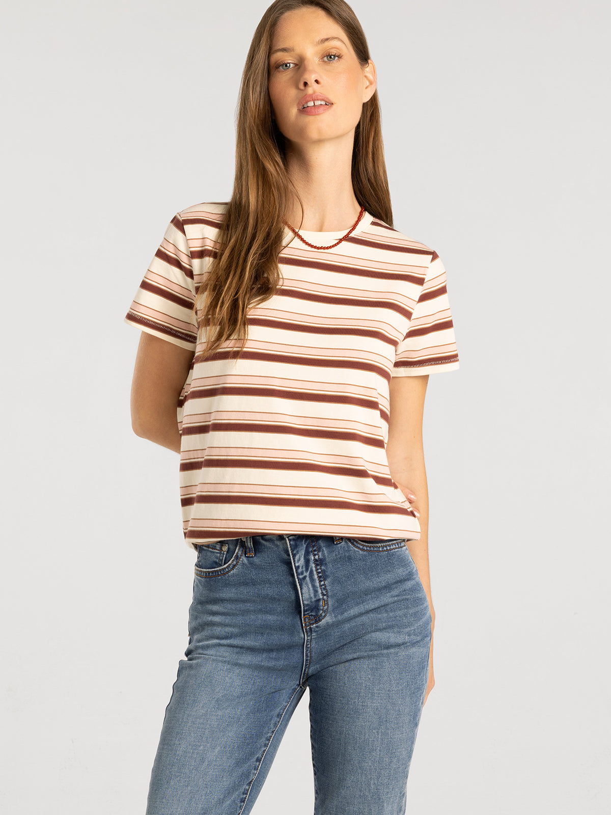 Thread & Supply Asher Tee in Pink Burgundy Stripe model portrait