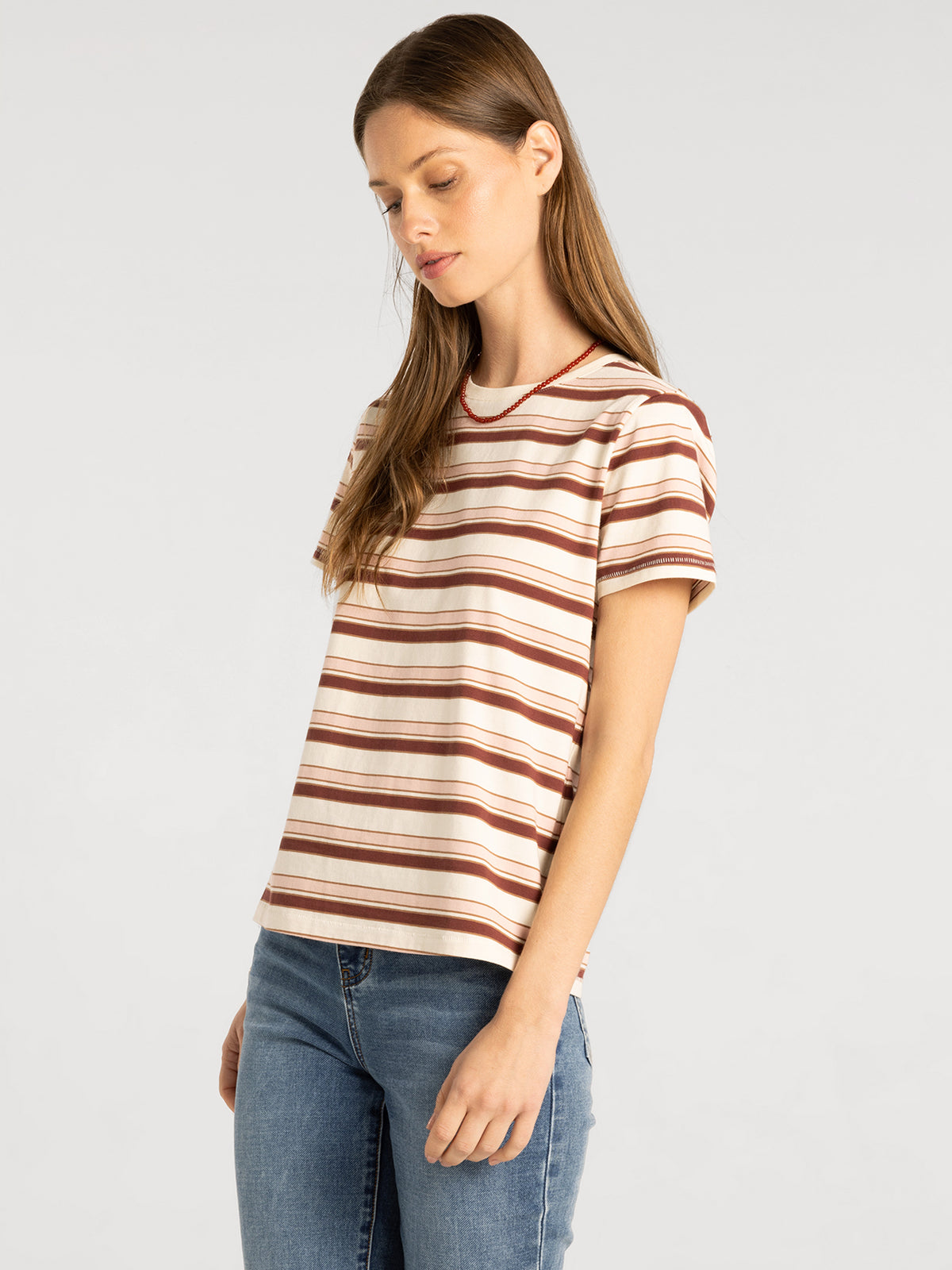 Thread & Supply Asher Tee in Pink Burgundy Stripe studio model portrait