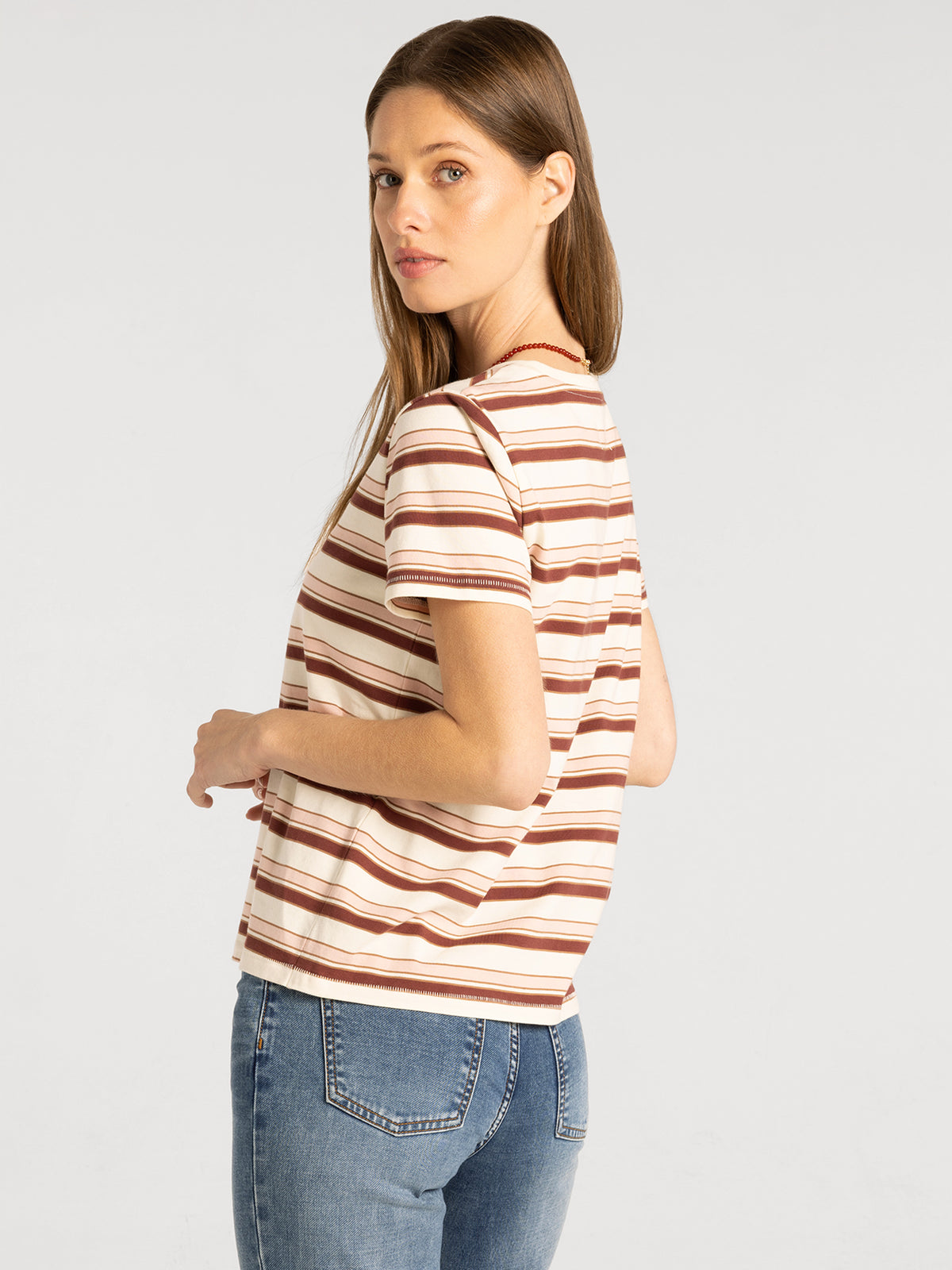 Thread & Supply Asher Tee in Pink Burgundy Stripe back model photo