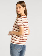 Thread & Supply Asher Tee in Pink Burgundy Stripe back model photo